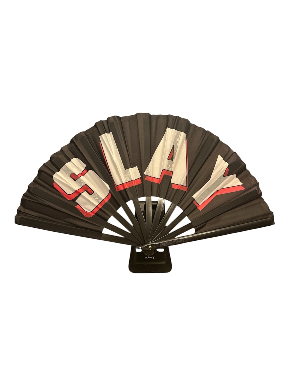 Black Folding Fan with Bold White & Red Lettering